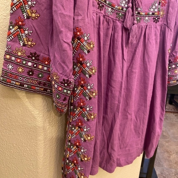 FREE PEOPLE Women Purple Multicolor Embroidery Linen Tassel Tunic Dress Size S/M - Picture 4 of 9